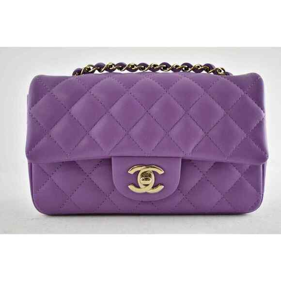 Chanel 22P Purple Gold Chain Mini Flap Rectangle CC Logo Quilted Crossbody Bag - Picture 1 of 12